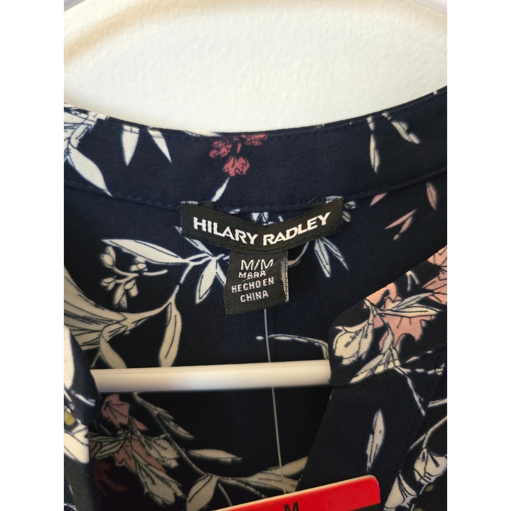 Hilary Radley Womens Navy Blue Floral Split V-Neck Long Sleeve Blouse Size M NWT - Picture 5 of 9